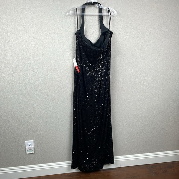 Ieena Mac Duggal 11279 High Slit Halter Neckline Dress Black Sequin Plus Size 20 - Picture 7 of 15
